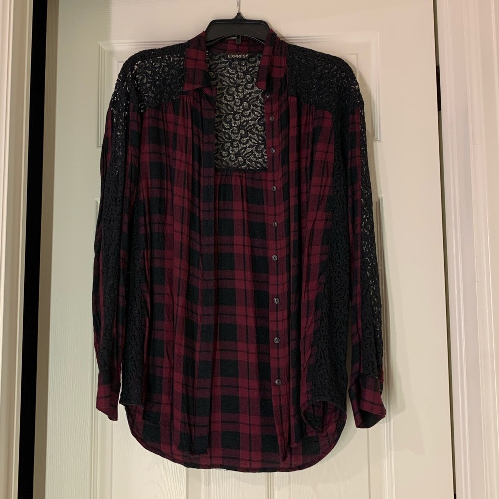 Long Sleeve Black and Red Square Print Shirt - Express